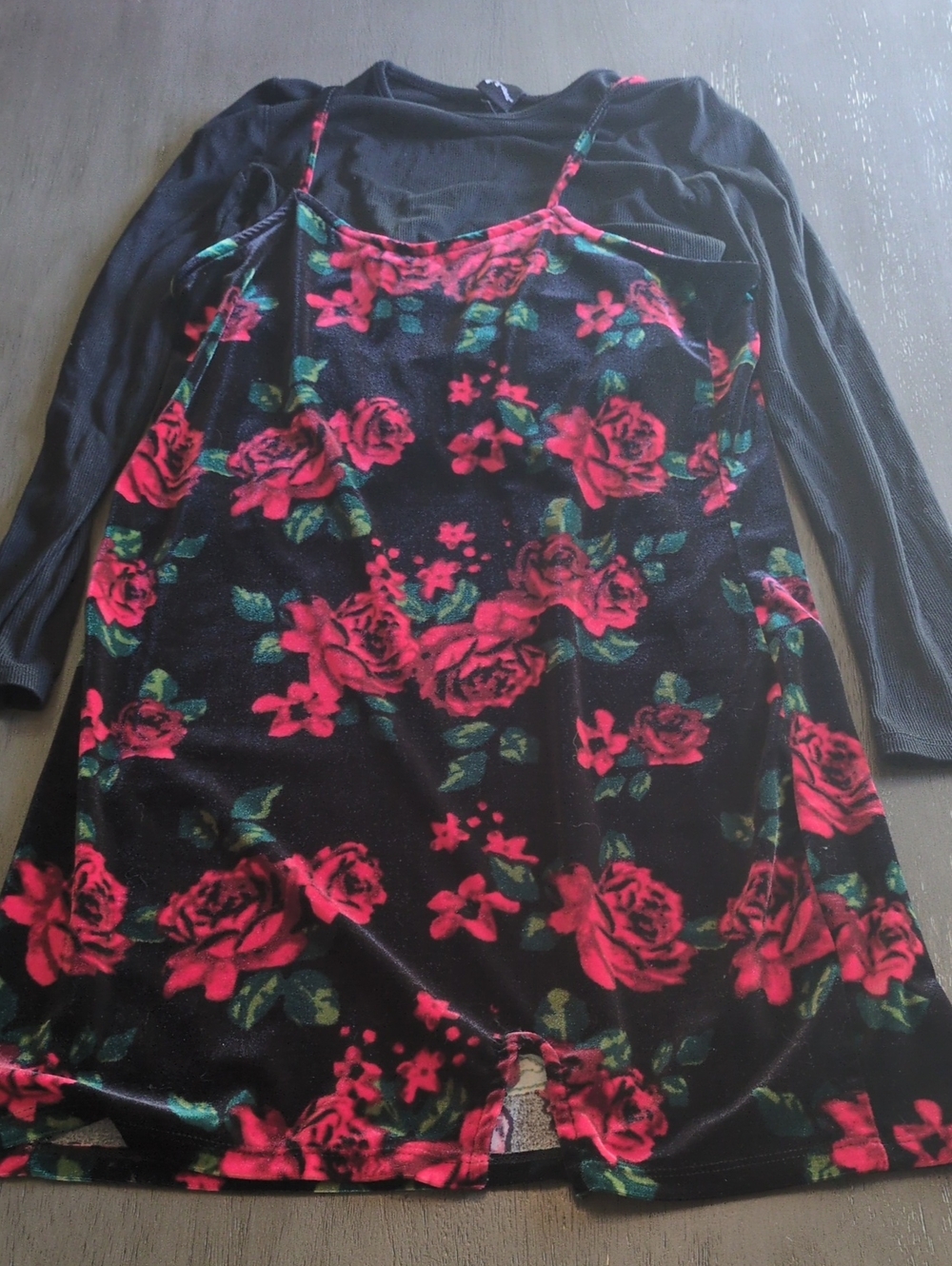 art class Black Velvet Floral Slip Dress with Pink Roses